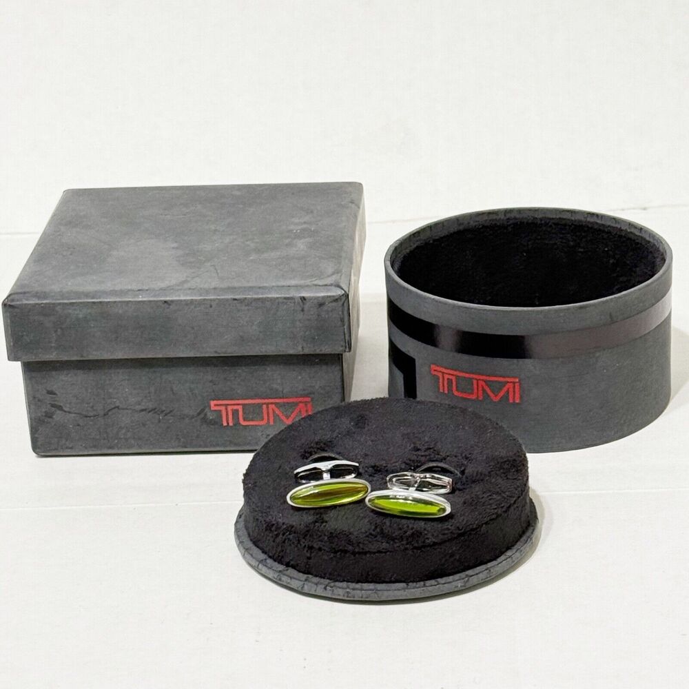 Tumi Green Cats Eye Cufflinks Oblong Shape Silvertone NIB